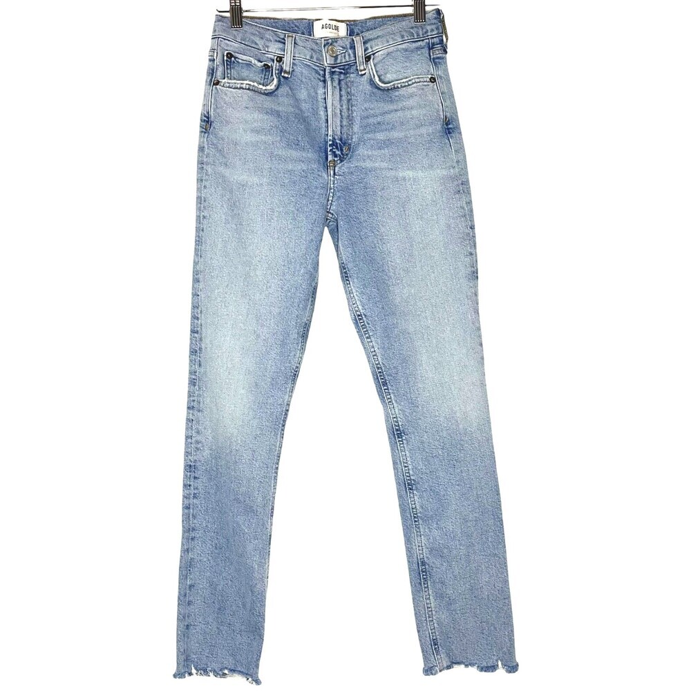Agolde Merrell Straight Jeans Womens 24 Cotton Light Blue Stretch Chewed Hem